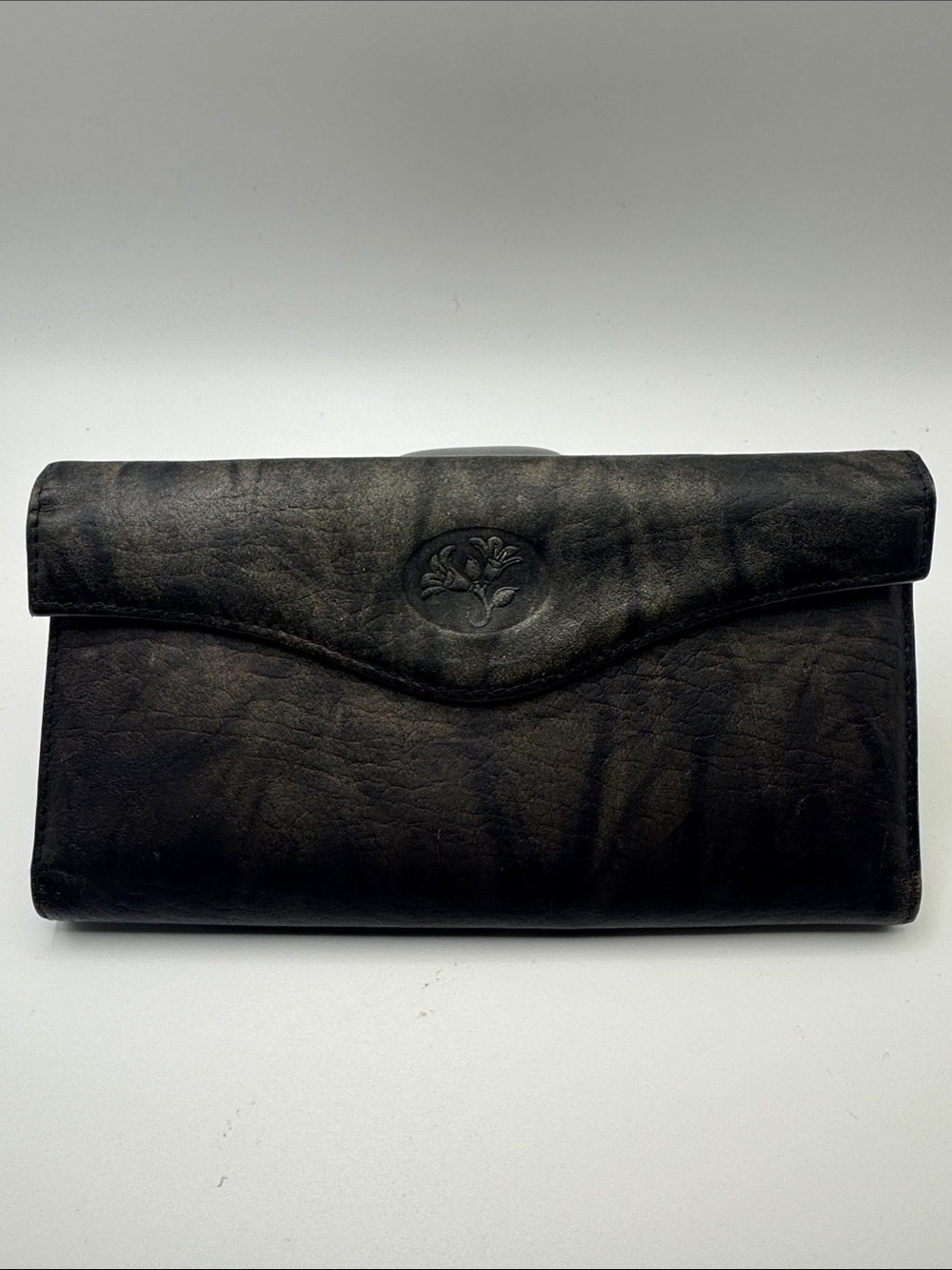 Buxton Women's Black Leather Long Bifold Organizer Wallet with Floral Emboss